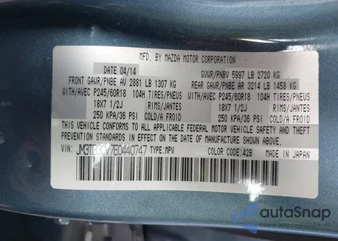 2014 Mazda Cx-9 Touring z USA, uszkodzony, nr VIN JM3TB3CV7E0440747